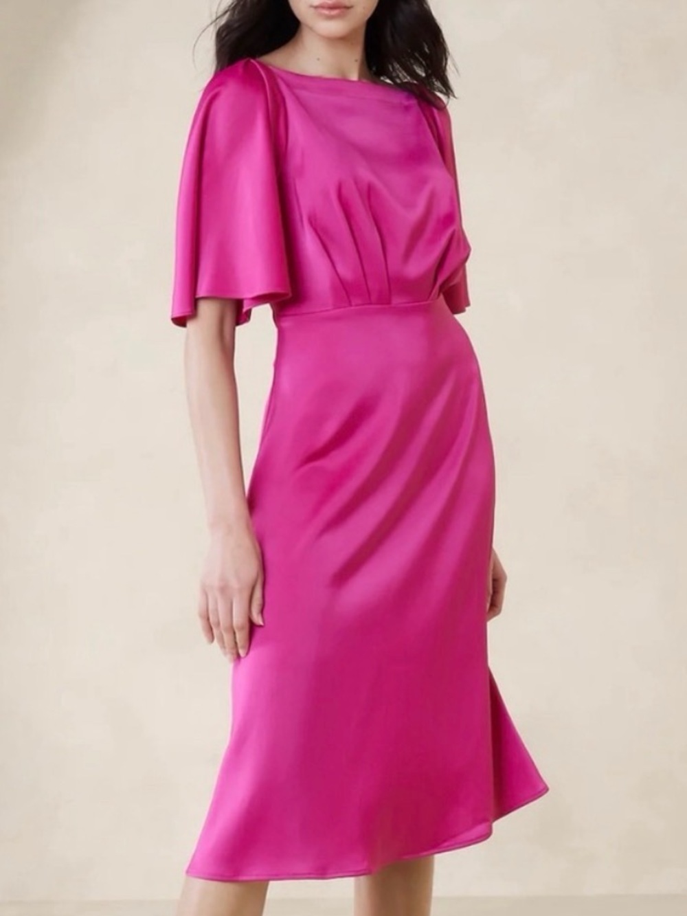 Banana Republic Fuchsia Satin Midi Dress with Cape Sleeves